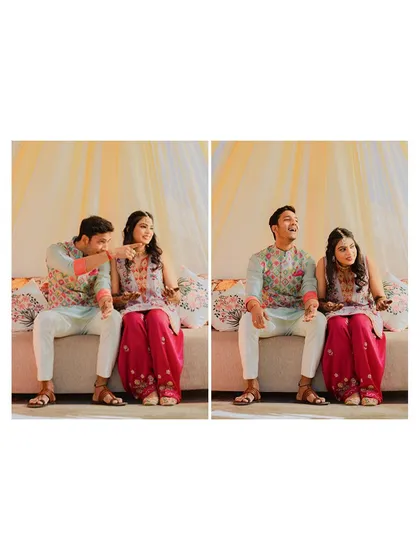 A diptych of the couple sharing a playful, candid moment while seated together.