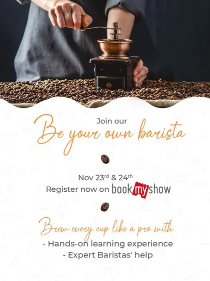 This poster for our November barista workshop shows a participant using a manual grinder, highlighting the hands-on, bean-to-cup experience we offer.