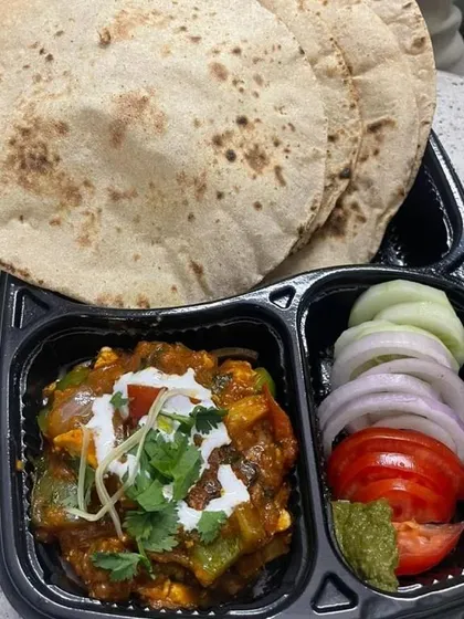 Here is one of my popular paneer dishes, served as a complete meal with three soft rotis and a fresh salad. I rotate my menu to include favorites like Kadai Paneer and Paneer Butter Masala.