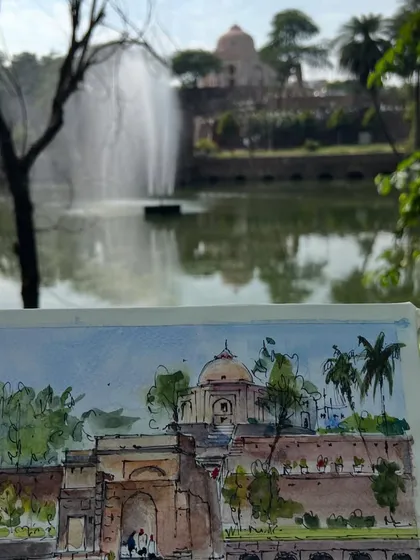 The sketch in context, with the beautiful lake and fountain at the Quli Khan tomb archaeological park. I look forward to capturing this spot in the soft winter light.
