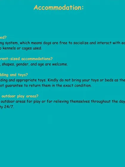 Here are the quick answers to your questions about my accommodation. I provide an open hosting system with no cages, where dogs of all sizes are welcome. Bedding and toys are provided, and there's always access to our outdoor area.