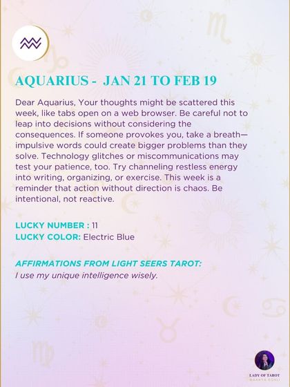A weekly tarot forecast for Aquarius about managing scattered thoughts and restless energy. My guidance offers practical ways to channel this energy productively, such as through writing or exercise.
