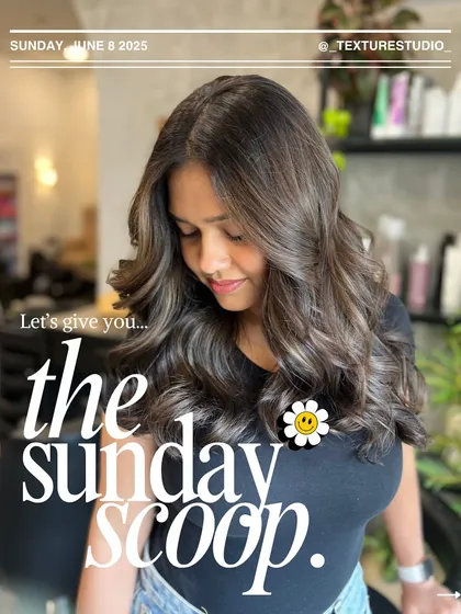 The cover of our Sunday Scoop, featuring a happy client and a glimpse of the warm, inviting studio atmosphere.