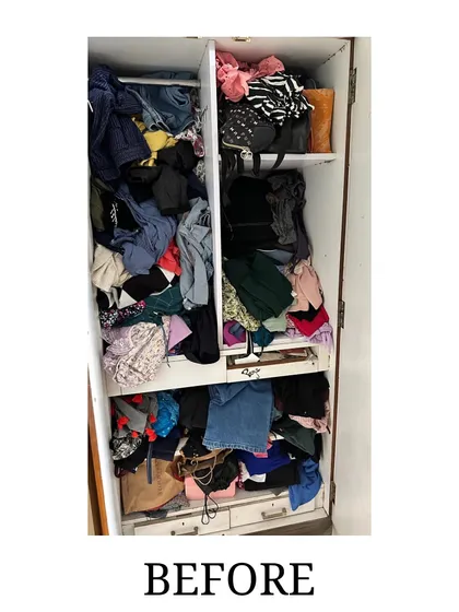 Before: Another view of a client's wardrobe, completely overwhelmed with piles of clothes, making it impossible to see what she owned.