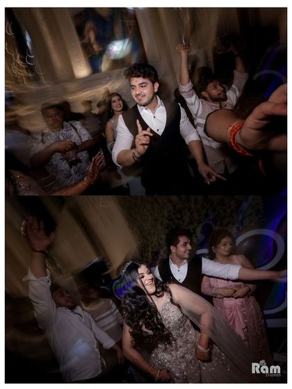 A collage capturing the fun and energy of the dance floor at an engagement party, with the couple and their guests enjoying the celebration.
