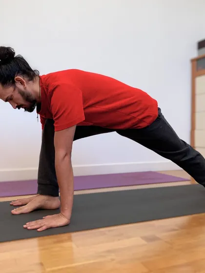Here in this low lunge, the focus is on connecting your movement with the sound of your breath. Whether you are in a simple or complex posture, the breath is the key. It is the anchor that creates stability, comfort, and balance in your asana practice.