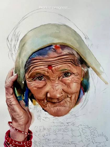 A work-in-progress shot of an advanced portrait, showing the face fully rendered while the clothing is still in the sketch phase.