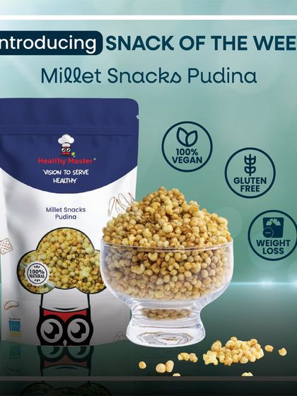 Our snack of the week is the refreshing Millet Snacks Pudina. It's 100% vegan, gluten free, and great for weight loss, all with a crispy, minty flavor.