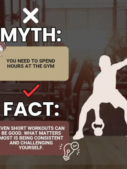 Myth: You need to spend hours at the gym. Fact: Consistency matters more than duration. Even short, challenging workouts can be very effective if you do them regularly.