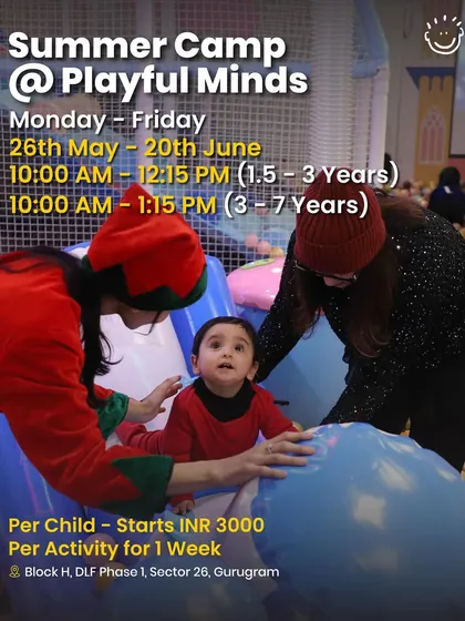 A Summer Camp at Playful Minds, with separate batches and activities for toddlers (1.5-3 years) and older kids (3-7 years).