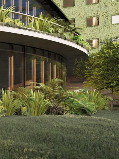 A glimpse of a super cool office design. This rendering shows how we blend comfort and class, with curved glass walls and lush landscaping creating an environment that feels as good as it looks.