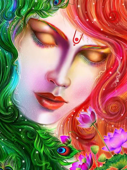 My digital painting to celebrate Krishna Janmashtami. This piece is a fusion of Lord Krishna and Radha, blending the symbols associated with both, like peacock feathers and lotus flowers, into a single, vibrant, and spiritual portrait.