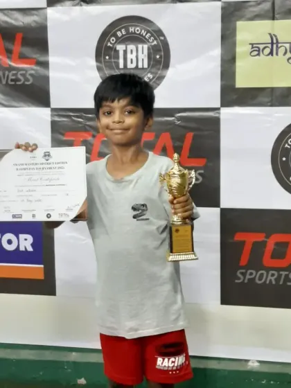 Divit Lakhotia, our U9 Boys Singles champion at the Smash Masters tournament in Mulund. We nurture talent from a very young age.
