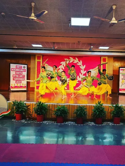 My students performing Mayurbhanj Chhau at a school event. We believe in providing numerous platforms for our students to showcase their hard-earned skills.