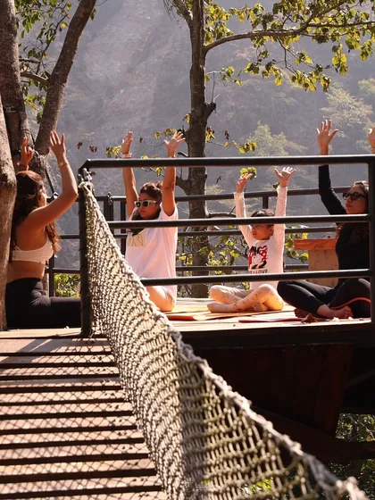 A moment of unified movement during an outdoor asana session. Raising our arms together, we connect our breath and intention, creating a powerful collective energy.