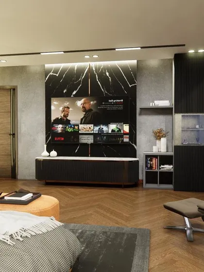A render of an ongoing modern contemporary bedroom project in Noida. This view focuses on the TV and entertainment wall, which features a black marble finish and integrated shelving, creating a bold and dramatic focal point.