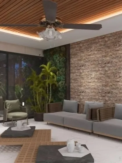 A 3D concept for a spacious indoor lounge with a vertical garden wall and exposed brick, connecting to the outdoors via large glass panels.