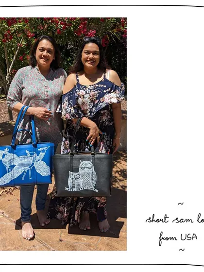 A beautiful gift from our patron Dilvi to her loved ones in the USA. These two Short Sam totes feature our signature Gond art. One has a dragonfly motif on Cobalt blue, and the other has an owl motif on a now sold-out Anchor grey leather.