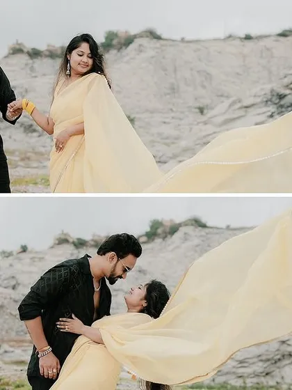 A diptych showing the bride's beautiful yellow dress flowing in the wind. I love using movement and fabric to add a dynamic and ethereal quality to my photos, especially in dramatic landscapes.