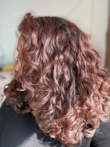 A collection of my other no-bleach balayage and color work, showcasing a variety of tones from subtle browns to vibrant reds on different curl types.