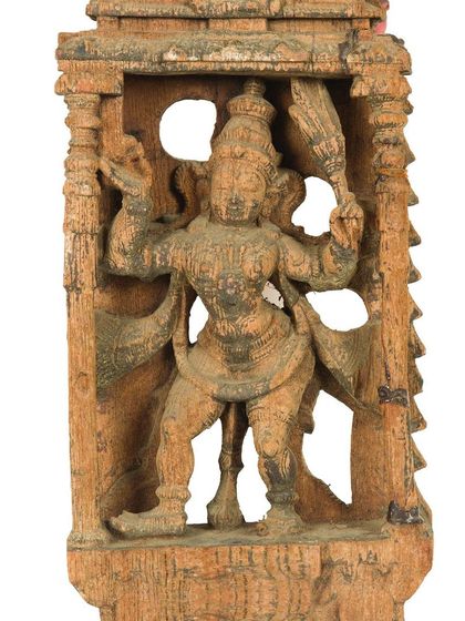 This standing figure, framed within an architectural element of the chariot, showcases the narrative power of these carvings. Our restoration ensures these stories, carved in wood, can be told for another century.