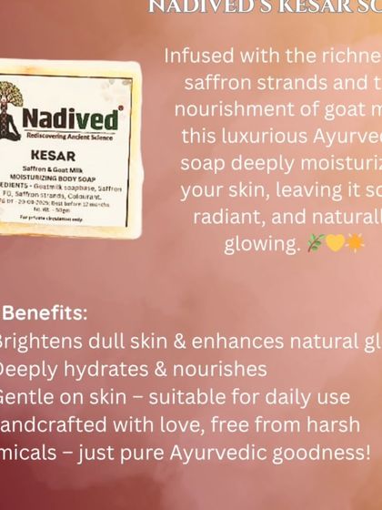 This graphic details the benefits of my Kesar Soap. Infused with saffron and goat milk, it deeply hydrates the skin, enhances your natural glow, and is gentle enough for daily use.