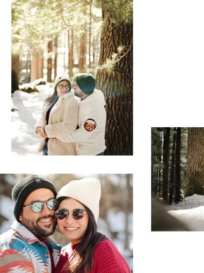 A creative collage of a couple enjoying the winter sun and snow in the forests of Sissu.