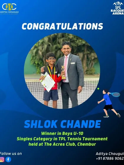 Congratulations to Shlok Chande, winner of the Boys U-10 Singles at the TPL Tennis Tournament. We are proud to see our young athletes achieve their goals through dedication and hard work.