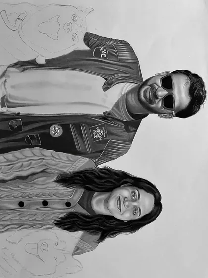 Another work in progress view of the large family sketch. You can see the second dog is still a light outline, waiting to be brought to life with charcoal.