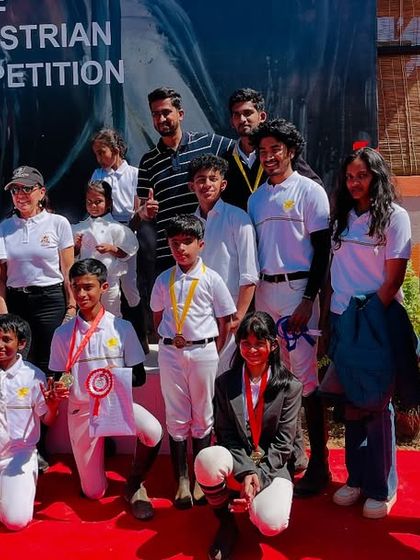 The whole team celebrating a successful outing at the Karnataka State Equestrian Championship. It's a group effort, and we're proud of every rider, trainer, and supporter.