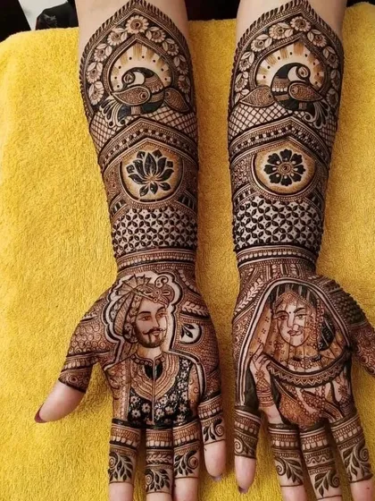 This design showcases my skill in creating realistic couple portraits. The groom is depicted in a sherwani and the bride in a detailed lehenga with a veil.