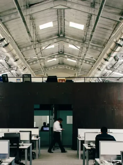This is the interior of the ATE facility in Pune, where I transformed a dilapidated factory into a modern, environmentally friendly workspace. By retaining the industrial character and introducing new elements, I demonstrated how adaptive reuse can create inspiring and sustainable corporate environments.