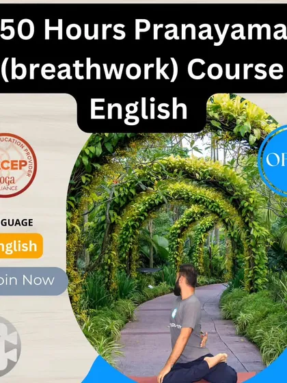 This is our 50-Hour Pranayama (Breathwork) Course, certified by YACEP for continuing education. This English-language program is a deep dive into the healing potential of breath, designed to help you relieve stress, improve focus, and find emotional balance.