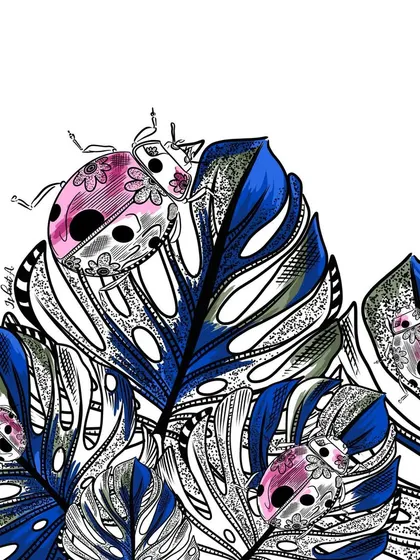 Bringing a pop of luck and color to the page. This illustration of pink and blue ladybugs on monstera leaves is a whimsical design ready for any product.