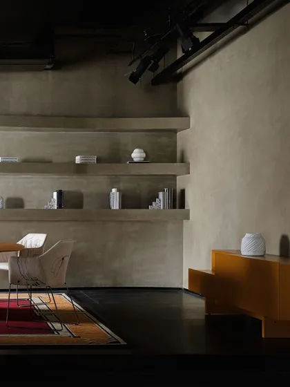 The clean lines of the built-in shelving and the simple, elegant furniture create a sense of modern organic style. The track lighting on the exposed ceiling is a practical choice for a flexible retail environment.