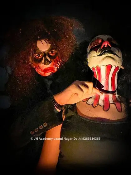 A dark and spooky Halloween makeup look created at our academy. We host themed events and parties to let our students showcase their creative skills.