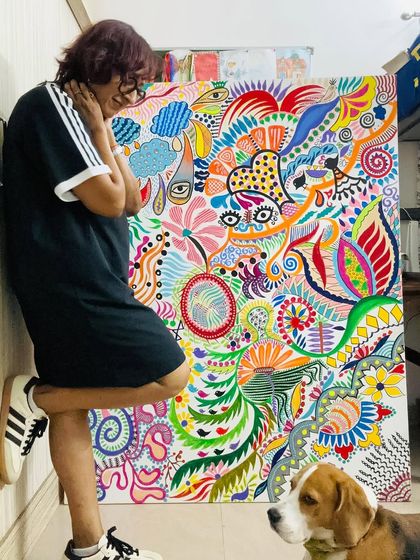 A customary Sunday picture with my two darlings: my rainbow-colored painting in progress and my dog, Bingo. The soul of the painting is starting to take shape.