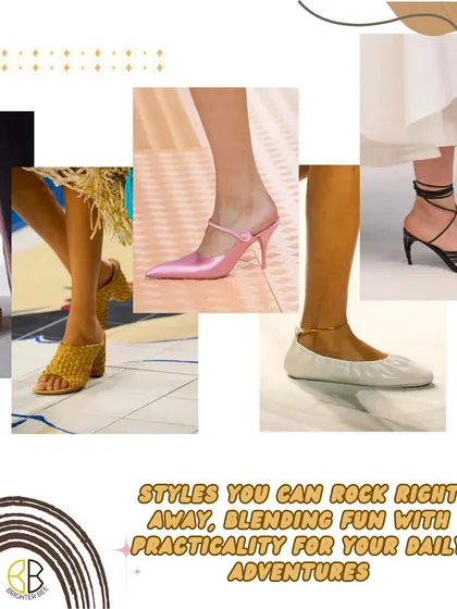 A collage of the top spring shoe trends you can rock right away. From strappy sandals to colorful mules, this season is all about fun and practical footwear.
