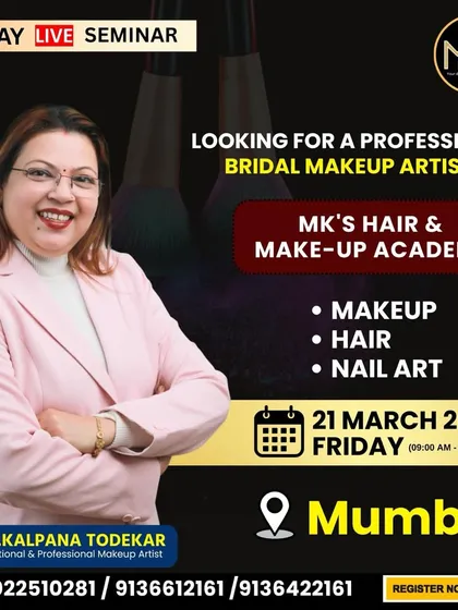 A golden opportunity in Mumbai. Join my 1-day live seminar to learn professional makeup, hair, and nail art.
