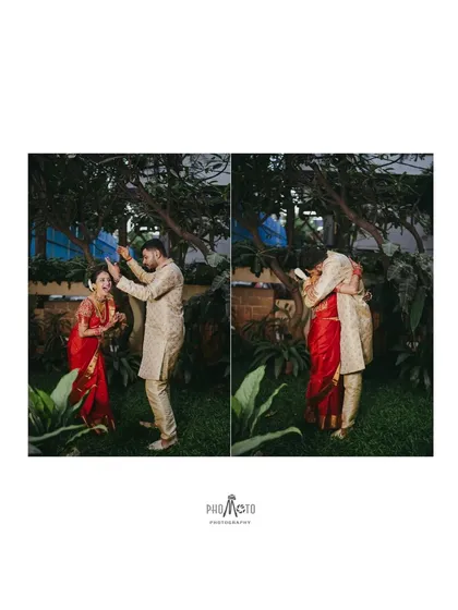A playful, candid moment between the couple after their ceremony. It's these lighthearted interactions that add so much joy to the wedding album.