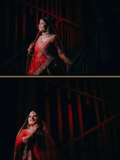 A collage showing the bride's expressions as she poses on a staircase with dramatic lighting.
