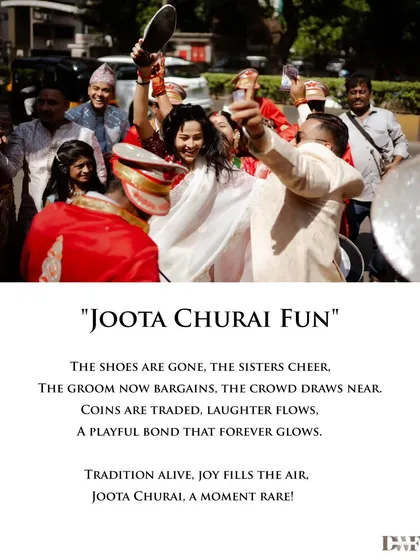 "Joota Churai Fun." A branded image capturing the playful tradition of the bride's side stealing the groom's shoes, a moment of laughter and bargaining.