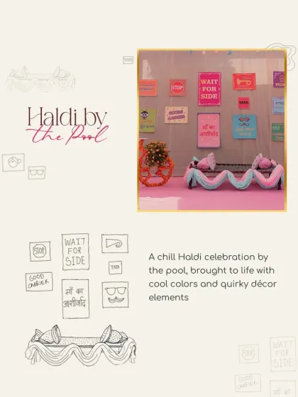 A conceptual sketch of the poolside Haldi decor, showing the quirky seating and playful signages we planned for the event.