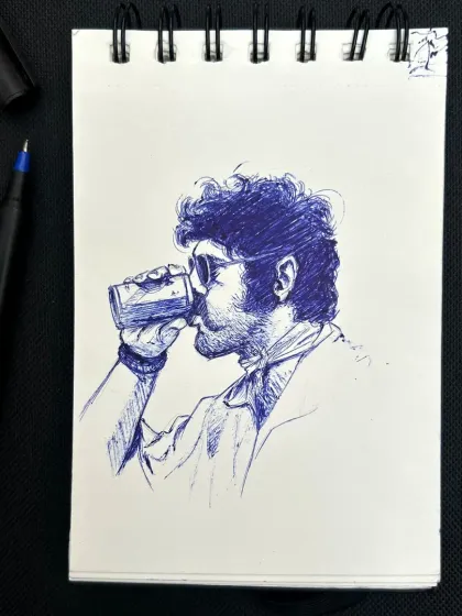 Here’s my other style: a classic pen and ink sketch. Using just a ballpoint pen, I build up texture with cross-hatching to give the drawing a raw, timeless feel.