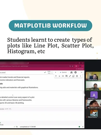 During our data visualization workshop, students learned the Matplotlib workflow to create various types of plots like Line Plots and Histograms. This screenshot shows the hands-on coding part of the session.