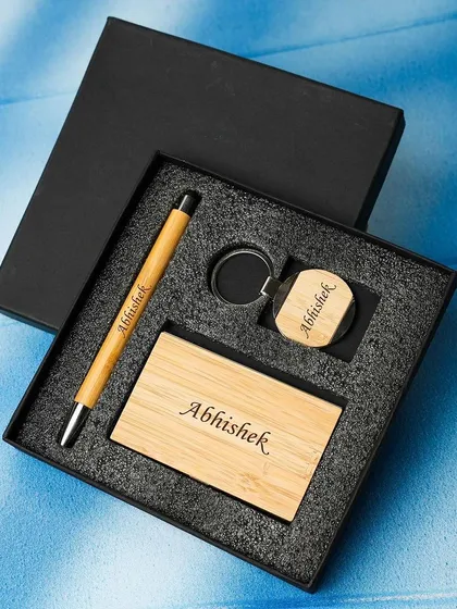 The bamboo gift set shown in its premium black presentation box. It's a perfect and sustainable option for corporate gifting or for any professional.