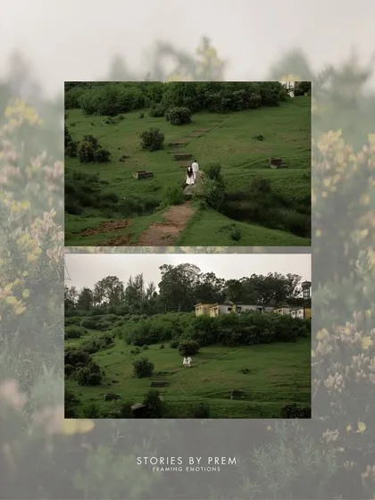 A creative collage that frames the couple's walk through nature. This artistic edit highlights the vast, beautiful landscape that surrounded them on their scenic pre-wedding shoot.