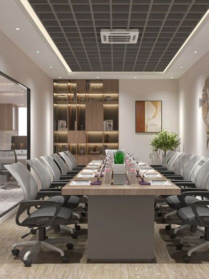 A full view of a conference room, showcasing the integration of glass walls to promote transparency, while the wooden bookshelf adds warmth and character.