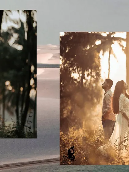 A collage that captures the soft, hazy light of early morning during a romantic pre-wedding shoot.