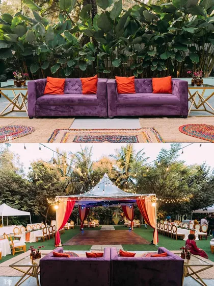 The perfect setting for a pre-wedding cocktail party or sangeet night. The lawn provides ample space for a dance floor, while the surrounding trees, lit with elegant chandeliers and string lights, create a festive and celebratory atmosphere.